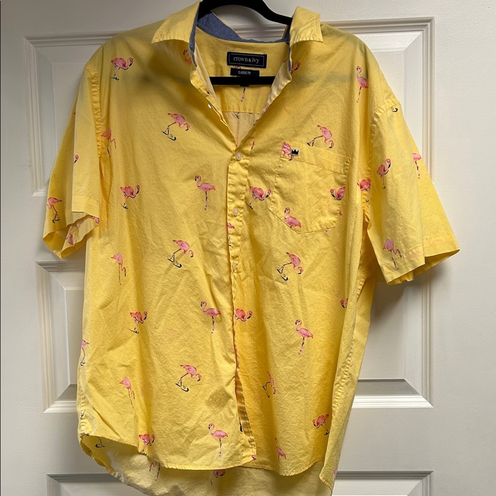 Crown & Ivy Yellow Shirt with Pink Flamingos